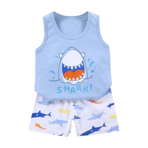 Loopsun Toddler Summer Sets, Fashion Boys and Girls Casual Sleeveless Tops Round Neck Printed Short Pants Sets Blue 6-9 Months