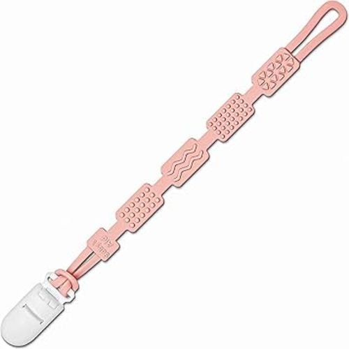 Silicone Pacifier Clip with 4 Teething Textures, One-Piece Patented Design, Dishwasher Safe, Secure Plastic Clip, Fits All Pacifiers, Baby’s Aid (Blush)