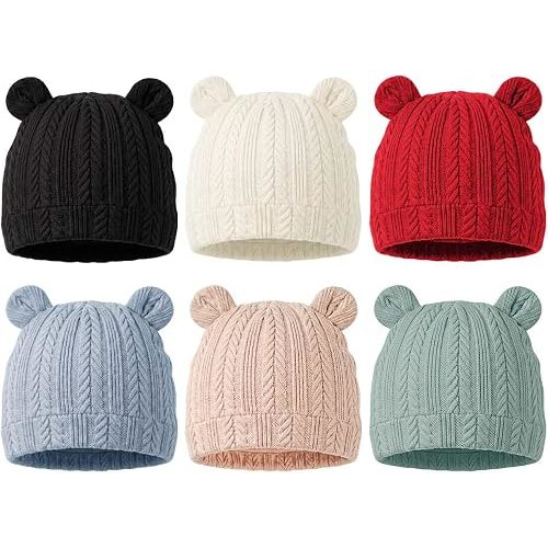 6 Pack Newborn Preemie Girl Boy Hats Bear Ear Beanies 0-3 Months | Baby Beanies for Newborn Preemie Girls Boys Soft Stretch Cotton Infant Hat Cap (White Khaki Red Green Blue Black)