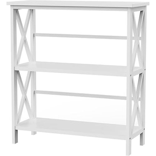DUMOS 3 Tier Bookshelf, Short Book Shelf with Wood Shelves, Sturdy Wood Frame, X-Design Storage Organizer for Living Room, Home Office, White