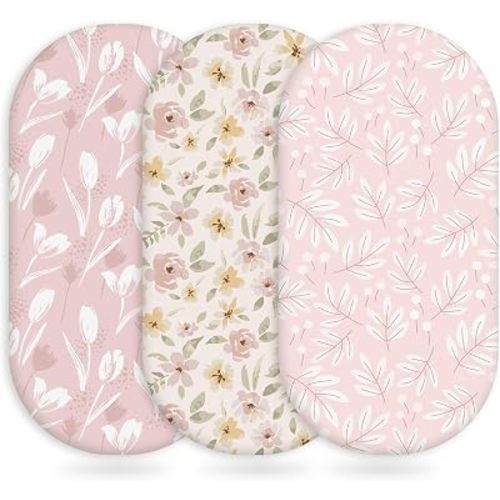 Unnivoll Baby Bassinet Sheets Girl Boy, Fitted Bassinet Sheet Set 3 Pack Bassinet Mattress Sheets Universal Fit for Rectangle, Round, Oval, Hourglass Mattress, Soft Breathable Pink Flowers & Leaf