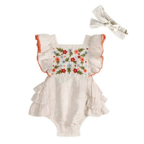 Baby Girl Organic Linen Embroidered Romper & Headband Set | Viverano Organics | Olive Sprout Kids