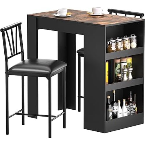 VECELO Small Bar Table and Chairs Tall Kitchen Breakfast Nook with Stools/Dining Set for 2, Storage Shelves, Space-Saving, Retro