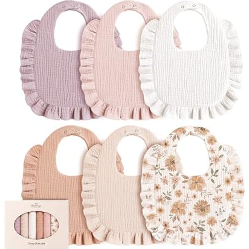 Konssy 6-Pack Muslin Baby Girl Bibs, 100% Soft Cotton Absorbent Drool Bibs