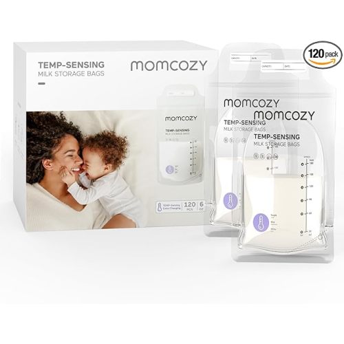 Momcozy Breastmilk Storage Bags, Temp-Sensing Discoloration Milk Storing Bags for Breastfeeding, Disposable Milk Storage Bag with 6 Ounce Self Standing, No-Leak Milk Freezer Storage Pouches, 120PCS