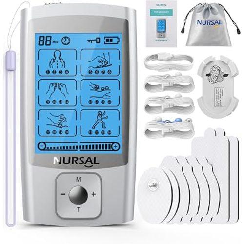 NURSAL 24 Modes TENS Unit Muscle Stimulator for Pain Relief, Rechargeable Electronic Pulse Massager, 8 Pcs Pads, Drug-Free Pain Relief for Shoulder, Back, Muscle, ABS Pads Holder