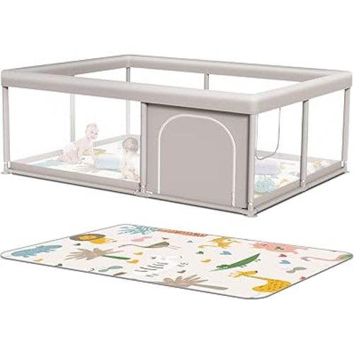 Hiaksedt Baby Playpen with Mat 65 x 50 Inch, PlayPen for Babies and Toddlers, Sturdy Safety Play Yard for Indoor & Outdoor with Zipper Gates