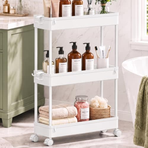 SPACEKEEPER Slim Rolling Storage Cart, 3 Tier Bathroom Cart Organizer,White | Narrow Rolling Cart with Wheels for Kitchen Office Bathroom Laundry Room,Mobile Utility Cart for Craft Art Makeup Nail Polish