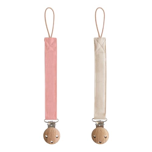 mushie Linen Baby Pacifier Clip Holder | Soft Fabric Strap, 2-Pack (Dusty Rose/Shifting Sand)