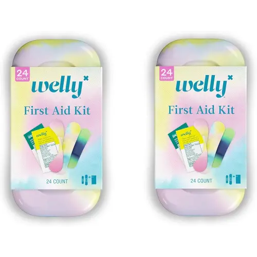 Welly Quick Fix Colorwash, On The Go First Aid Kit, Assorted Bandages, Ointments, and Hand Sanitizer, Tie Dye Patterns, 2 Pack