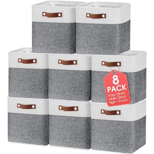 Uiifan 8 Pack 12 x 12 x 12 Inch Large Storage Baskets Collapsible Fabric Storage Cubes Bins with Handles for Shelves Closets Nursery Home Clothes Toys Organizers, Gray