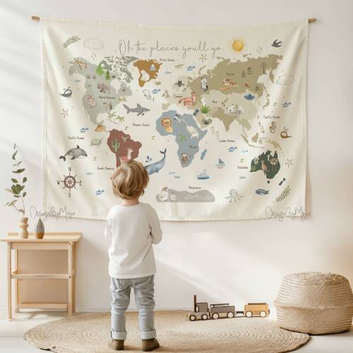World Map Tapestry: Kids Room Decor, Playroom Wall Art