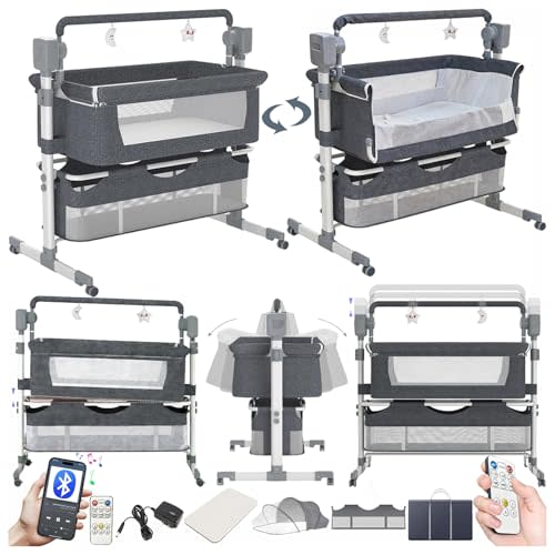 MoLi Electric Bluetooth Smart Baby Bedside Crib Multifunctional Bassinet for Co-Sleeping Convertible Foldable Infant Bedside Sleeper Cot Toddler Cradle with 5 Swaying Gears Remote Control (601 Gray)