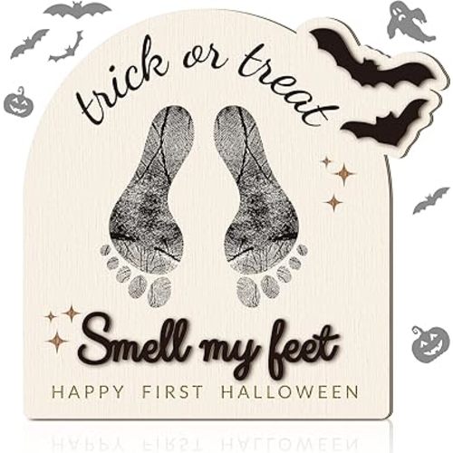 Baby's First DIY Footprint Art Wooden Milestone Card Keepsake Little Boo Sign Nursery Decorative Ornaments for Baby Shower Newborn Photoshoot Prop(Halloween Retro)
