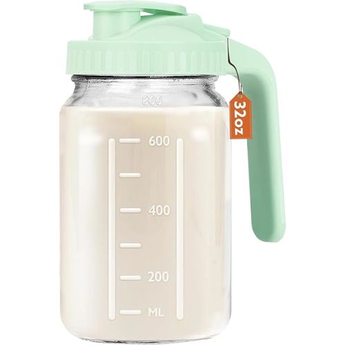 Breast Milk Pitcher, 32 OZ Mason Jar Pitcher with Lid Double Leak Proof,1 Quart Breastmilk Storage Containers for Fridge, Glass Jug for Sun Tea, Juice, Cold Brew Coffee