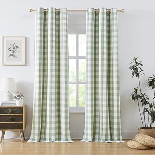 Amzdecor Buffalo Plaid Full Blackout Curtains 95 Inches Long for Bedroom Living Room Checkered Thermal Total Room Darkening Grommet Drapes,Farmhouse Window Treatment, 2 Panels,40"x95",Sage Green&White