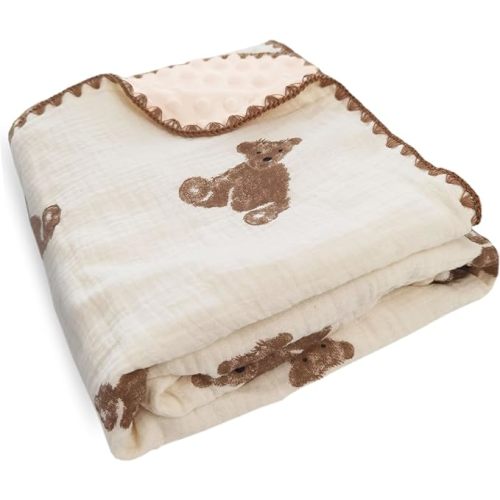 Baby Blanket Double Layer Cotton Muslin Thick Quilt Neutral 40x40Inch Soft Throw Blanket Bear Pattern