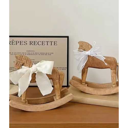 Heirloom Wooden Rocking Horse, HandCarved Montessori Nursery Decor with Organic Cotton Bow