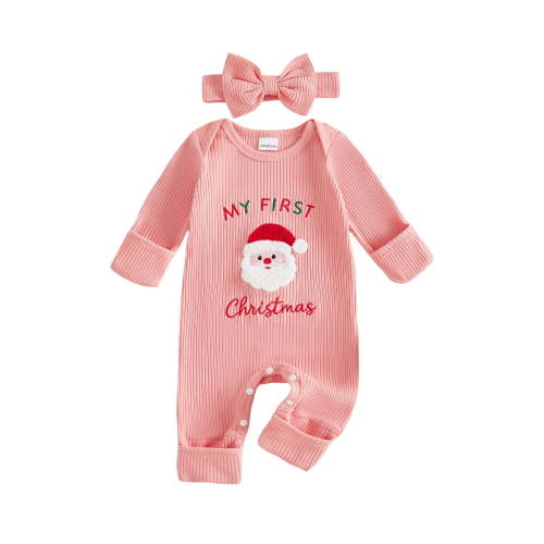 RUINIXCW Newborn Baby Girl My First Christmas Outfit Infant Girl Fall Winter Ribbed Jumpsuit Xmas Clothes Santa Embroidery Long Sleeve Jumpsuit Headband