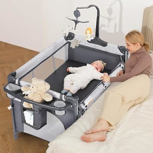 ELEMARA Baby Bassinet Bedside Crib, 1-Second Set up Bedside Bassinet with Diaper Changer, Mattress, Portable Crib with 3 Adjustable Height, Portable Crib with Storage/Toy Bar/Zip Door, Gray