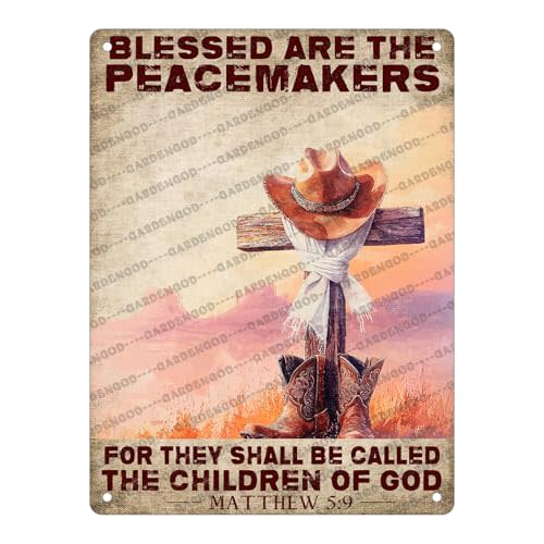 Western Cowboy Hat Boots Metal Tin Sign Vintage Wall Art Rustic Farmhouse Decor Inspirational Children Of God Peacemakers 16x12 Inch