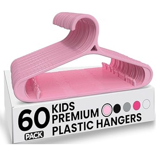 Utopia Home Kids Hangers 60 Pack - 11 Inch Plastic Baby Hangers for Closet - Childrens Hanger for Clothes & Infant Hanger for Closet - Non-Slip Shoulder Grooves, Strap Hooks & Pants Bar (Baby Pink)