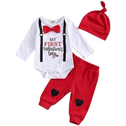 Baby My First Valentine's Outfits Long Sleeve Romper Bodysuit Top Pants Hat 3 Piece Clothes Set