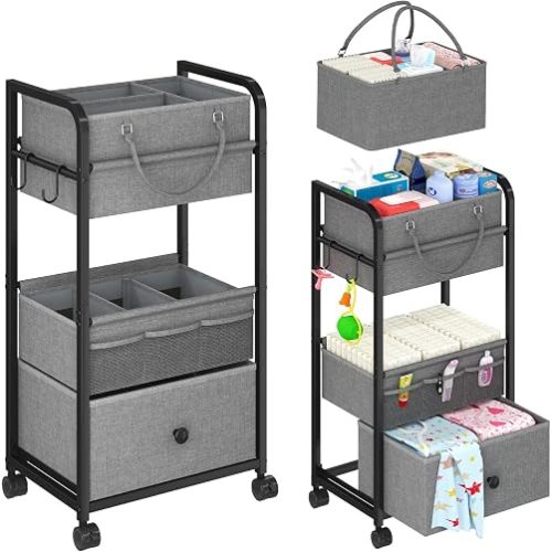 Cidaziya 3In1 Baby Diaper Caddy Organizer, 3 Tier Rolling Cart with Drawer, Detachable Dividers, Mobile Utility Cart Baby Dresser Clothes Organizer for Crib, Bedroom, Art & Craft Storage, Grey