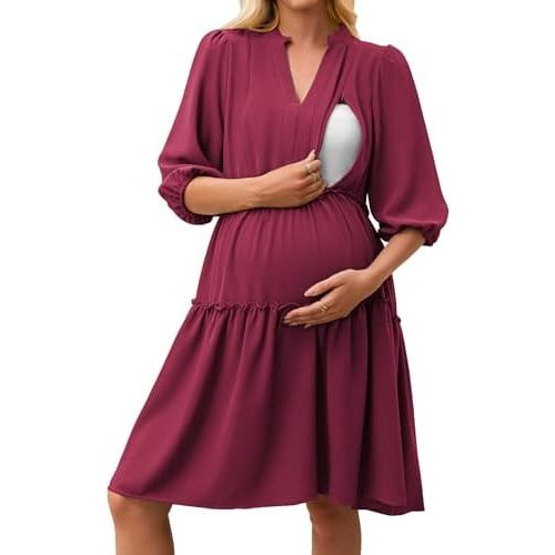 Angashion Women's Maternity Nursing Dress: V-Neck Hidden Zipper Pockets