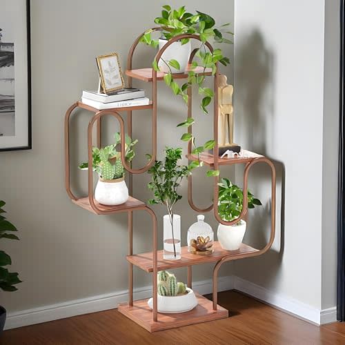 Allinside Cactus Corner Plant Stand, 6 Tiers Multipurpose Bookshelf, Heavy-Duty Metal Corner Shelf, Creative Tall Display Rack, Rustic Bookcase for Living Room, Bedroom, Home Office and Balcony
