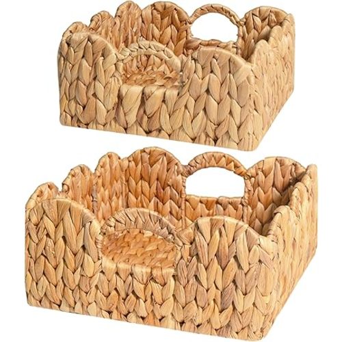 KOKODO Set of 2 Scallop Woven Wicker Baskets, Handcrafted Scalloped Storage Basket with Decorative Scalloped Edge for Living Room, Bedroom, Nursery