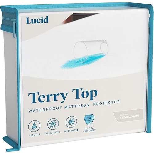 LUCID Premium Waterproof Mattress Protector, Queen Size – Fitted Sheet Style, Machine Washable – Cotton Terry Top Cover – Dorm Room Essential – White