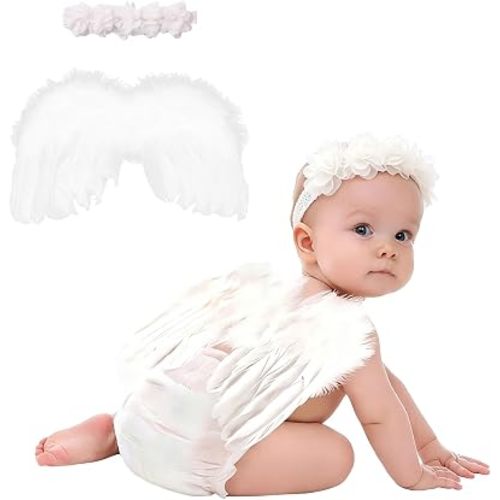 White Angel Wings With Flower Headband Set For Newborn Infant Photography Props Soft Fairy Feather Wings For Toddlers Kids Girls Gifts(Color B,One Size)