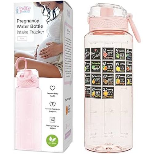 BellyBottle Pregnancy Water Bottle Tracker – Pregnancy Must Haves – Pregnancy Gifts for Expecting Mom – Pregnancy Essentials Nausea Relief – Weekly Stickers + Straw + BPA Free + Pink