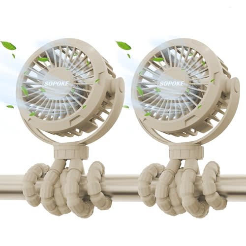 2PCS Mini Portable Baby Stroller Fan,3 Speed Personal Handheld,Battery Operated Rechargeable 360° Flexible Tripod Cooling, Suitable for Car Seat Crib Treadmill Golf Cart Travel (Yellow-Yellow)