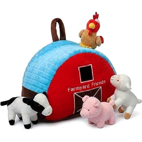 PixieCrush Plush Barn with Farm Animals - Set of 5 - Soft Textiles - Includes 4 Stuffed Farm Animals - Sheep Pig Cow Chicken - Farmyard Carry Bag - Portable and Easy to Carry - Multicolor
