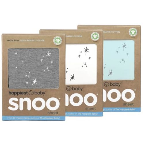 Happiest Baby SNOO Bassinet Fitted Sheet - 100% Organic Cotton Nursery Bedding - Fits SNOO Sleeper Crib Mattress - 3-Pack Bundle (White, Grey, Teal)