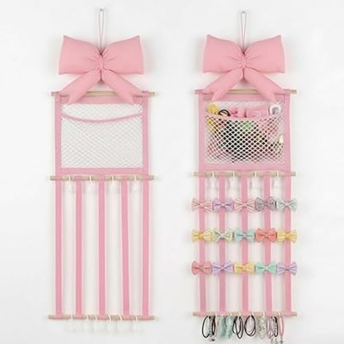 Pink Hair Bow Holder Headband Organizer for Girls Hair Clip Accessories Wall Hanger Pink Display Holder Organizer 37.5 Inch Bow Storage Hanging Decor with Hook Gift for Toddler Baby Room