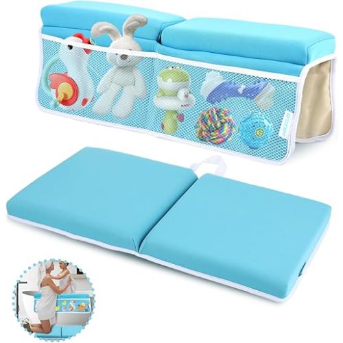 Bath Kneeler and Elbow Rest Pad, Thick Quick Dry Kneeling Mat, Large Bathtub Pad with Toy Organizer for Baby Bathing (Blue)