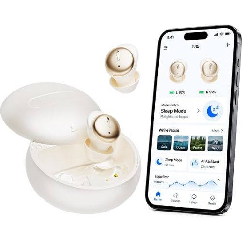 T35 Sleep Earbuds for Side Sleepers, Bluetooth 6.0 Mini Noise Cancelling Earbuds with ANC, Sleep Mode, App White Noise and EQ, 48H Playtime, Comfortable Low-Profile Fit Sleep Headphones (Skin)