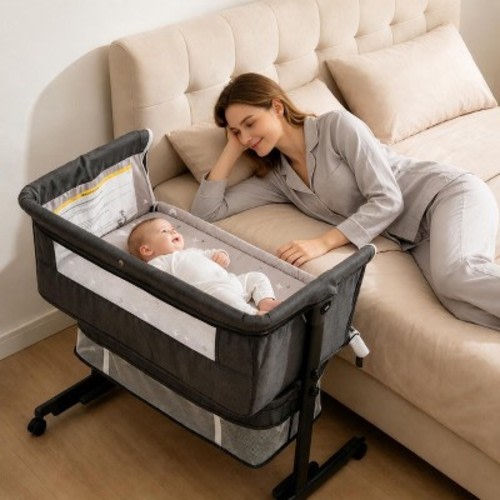 Kmaier Baby Bassinet Foldable Portable Bedside Crib,Storage Basket Breathable Mesh,Dark Grey