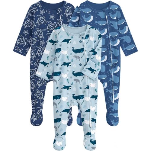 Unnivoll Baby Sleepers 100% Cotton Baby Pajamas Baby Boys Girls Clothes | Footie Pajamas for Newborn 0-3 3-6 6-9 Months, 3Pcs Soft Infant Footed PJs with Mitten Cuffs, Two Way Zipper, Long Sleeve