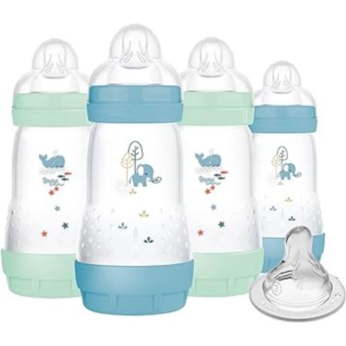 MAM 9oz Easy Start Anti-Colic Baby Bottles, Medium Flow with Bonus Fast Flow Nipple, Breastfeeding-Like Silicone, Reduces Colic and Gas, Easy-to-Clean, BPA-Free, 2 Plus Months