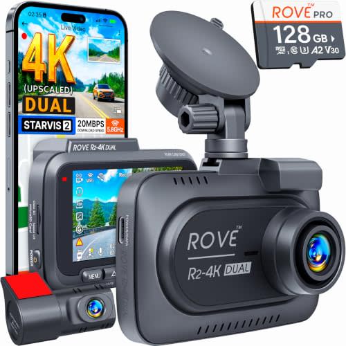 ROVE R2-4K Dual Dash Cam Front and Rear, STARVIS 2 Sensor, Free 128GB Card | 4K Upscaled Front + FHD Rear Recording, 5.8GHz WiFi, 20MB/s Download Speed, App, GPS, 3" IPS, 24Hr Parking Mode, Night Vision