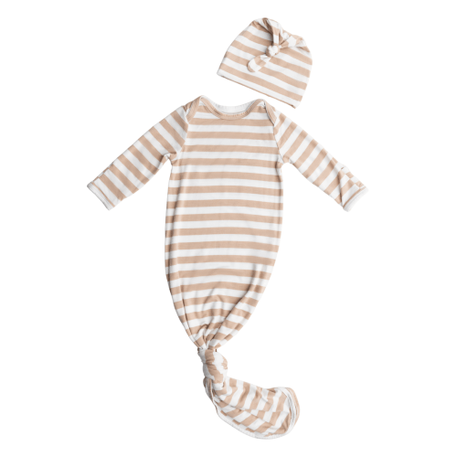 Knotted Baby Gown and Hat, 0-3M (Fawn Stripe)