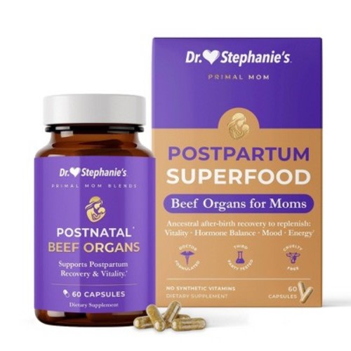 Dr. Stephanie's Beef Organs Iron Supplement Capsules for Moms, with Vitamins A & B, Zinc & Choline which Supports Mood and Energy - 60ct