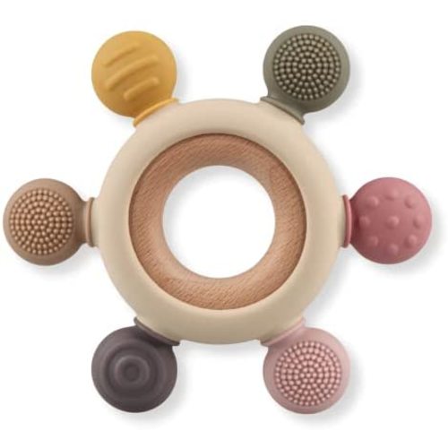 Baby Teething Toys, Silicone Chewable Rings with Organic Wooden, Natural Wooden Ring & Silicone Teething Toys for Newborn, 3+ Months (6 Directions, Khaki)