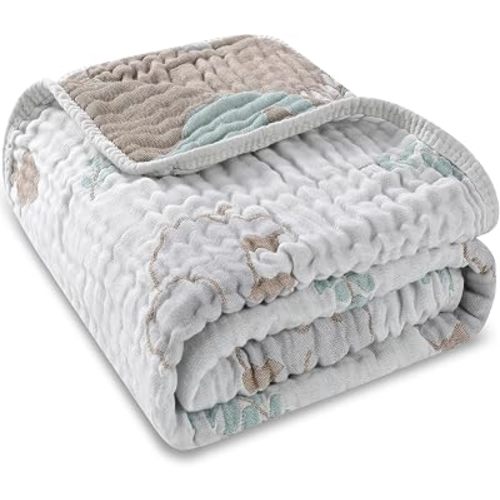 Muslin Baby Blanket, Organic Cotton Blend Jacquard (Forest Elephant)