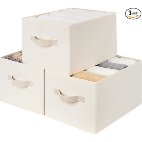 StorageWorks Foldable Shelf Organizer Bins, Closet Storage Baskets for Clothes, Fabric Storage Bins for Shelves, Beige Stripes, 3-Pack, Large