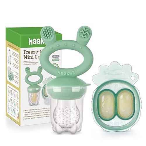 Haakaa Baby Fruit Food Feeder & Mini Freezer Nibble Tray Combo, Breastmilk Popsicle Molds for Baby Cooling Relief, BPA Free Silicone Feeder for Safe Infant Self Feeding, 4 Month+ (Pea Green)